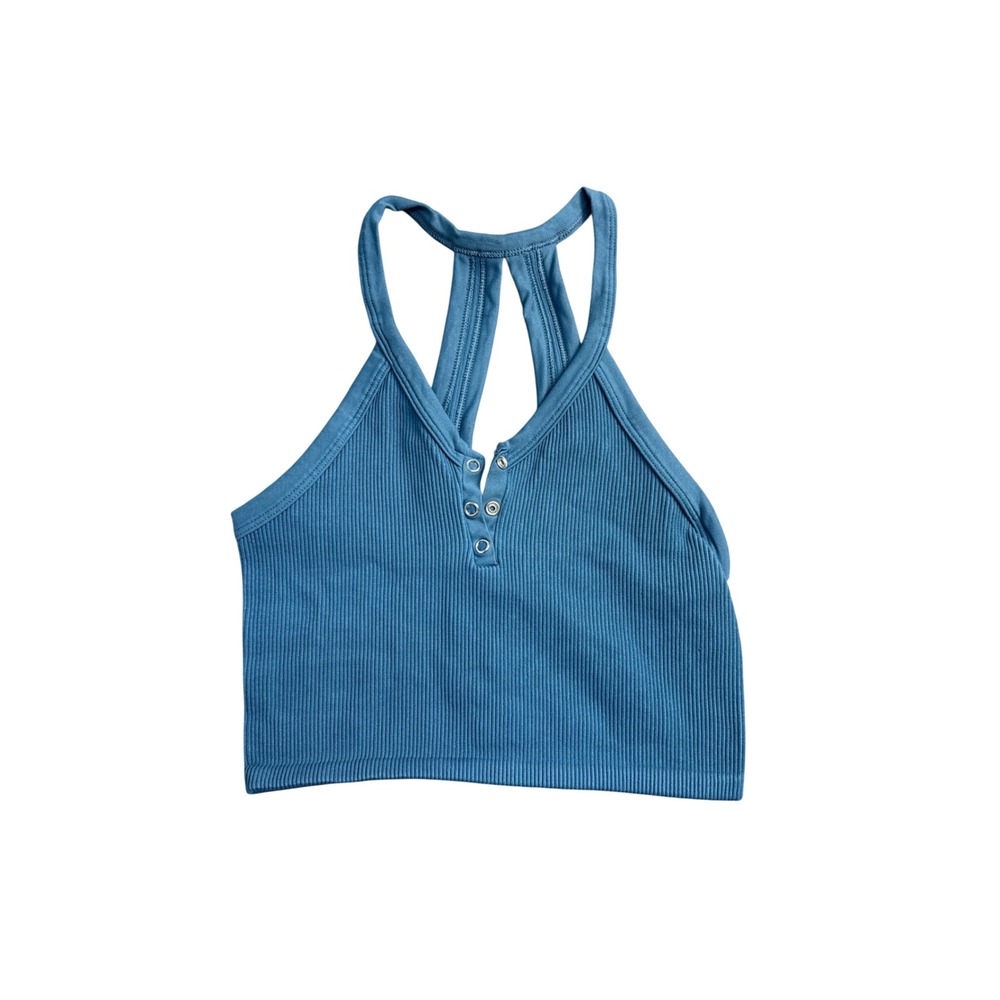 FP Movement Free People Blue Ribbed Crop Tank Top Snap Front Racerback Size M